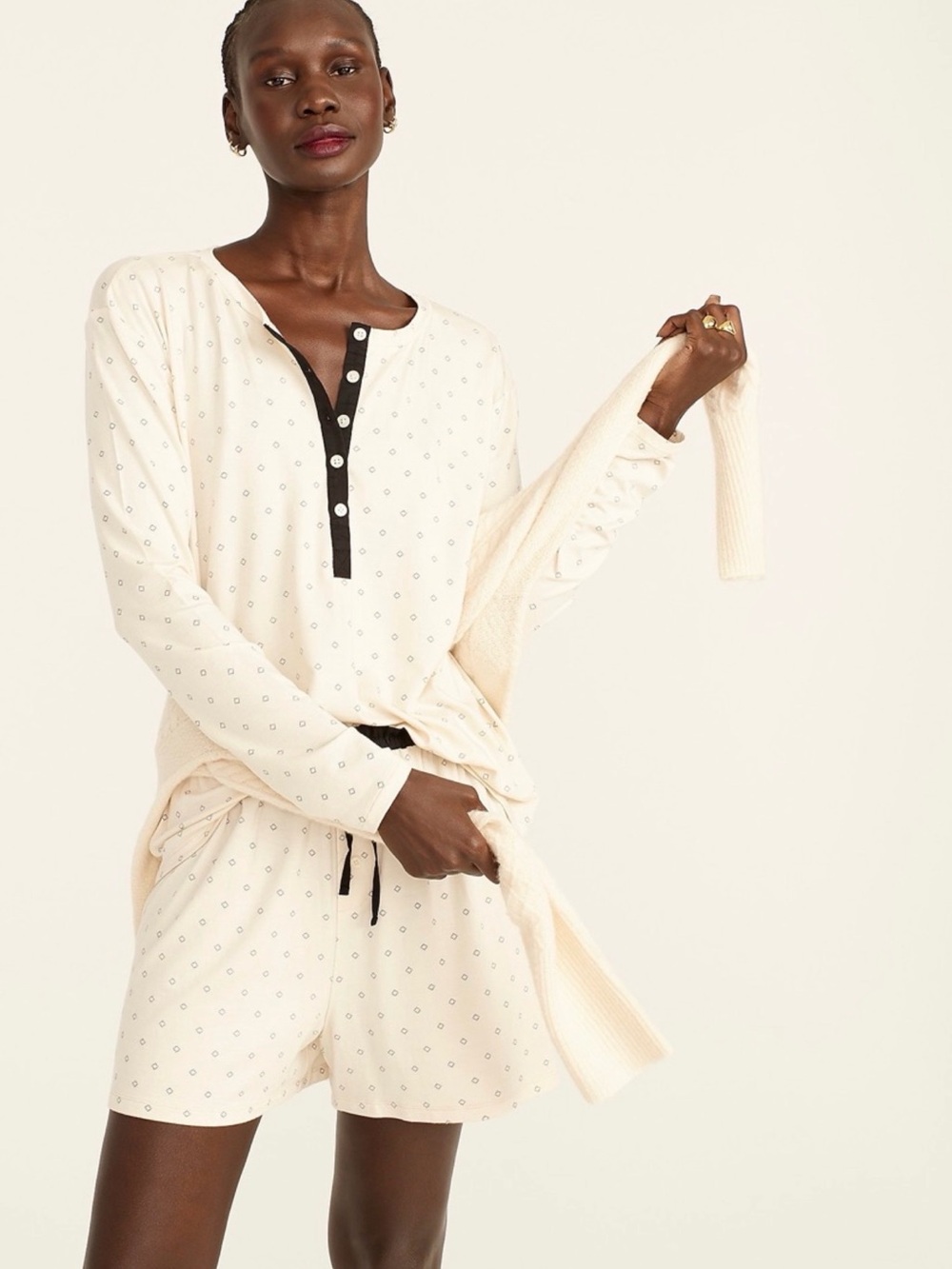 J. Crew Ivory Eco dreamiest henley short set in tiny diamonds #459